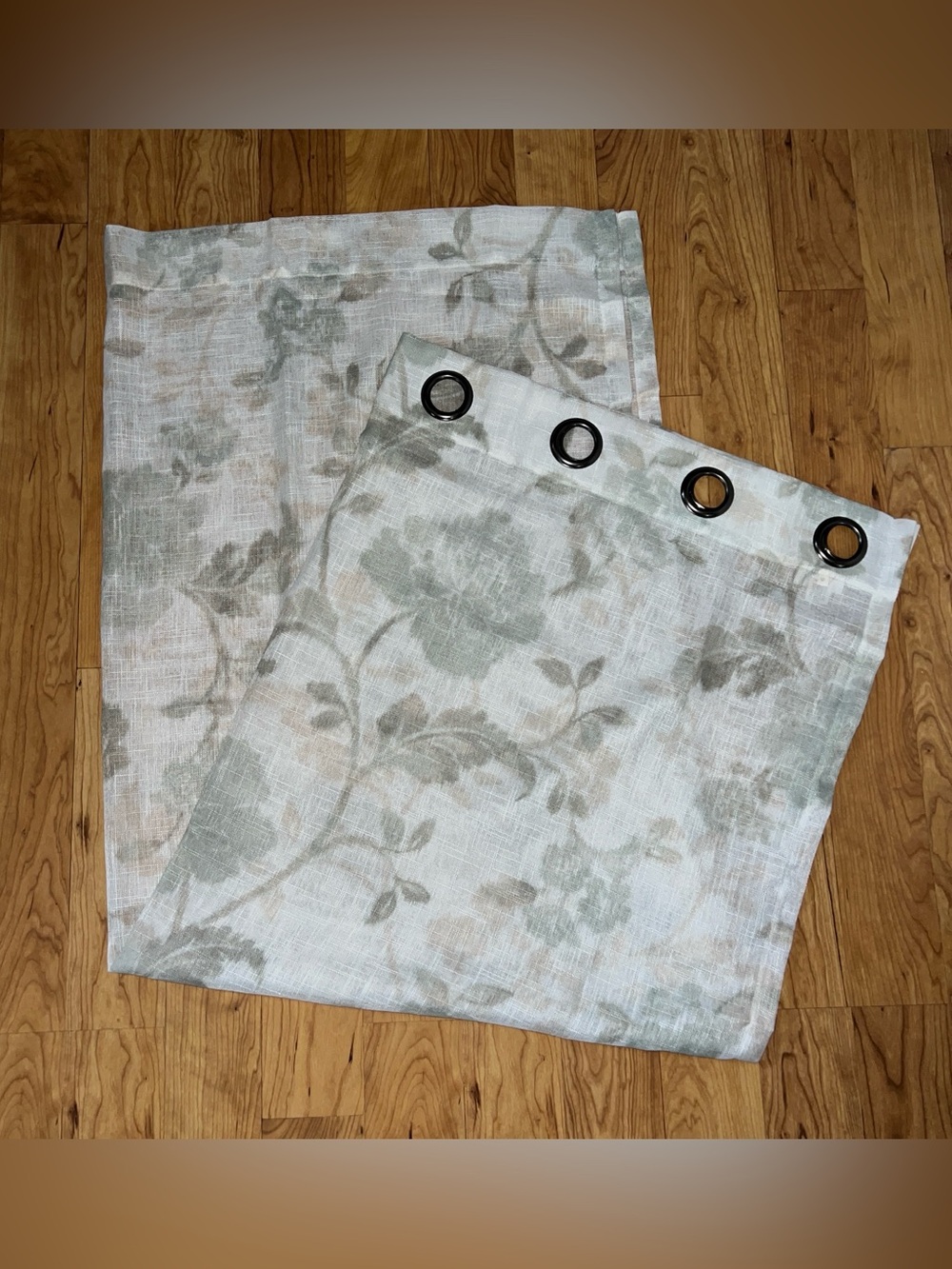 2 Green & Beige Sheer Curtain Panels